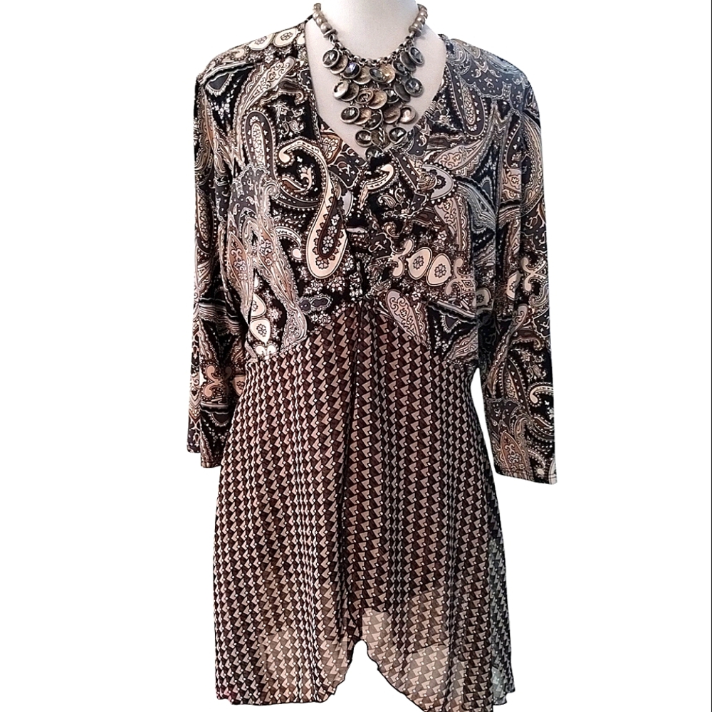 Peck & Peck Woven/Knit Printed 3/4 Sleeve High Waist Cardigan & Tank Set Size L